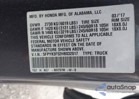 2017 Honda Ridgeline Rtl from USA, damaged, VIN 5FPYK3F52HB032017